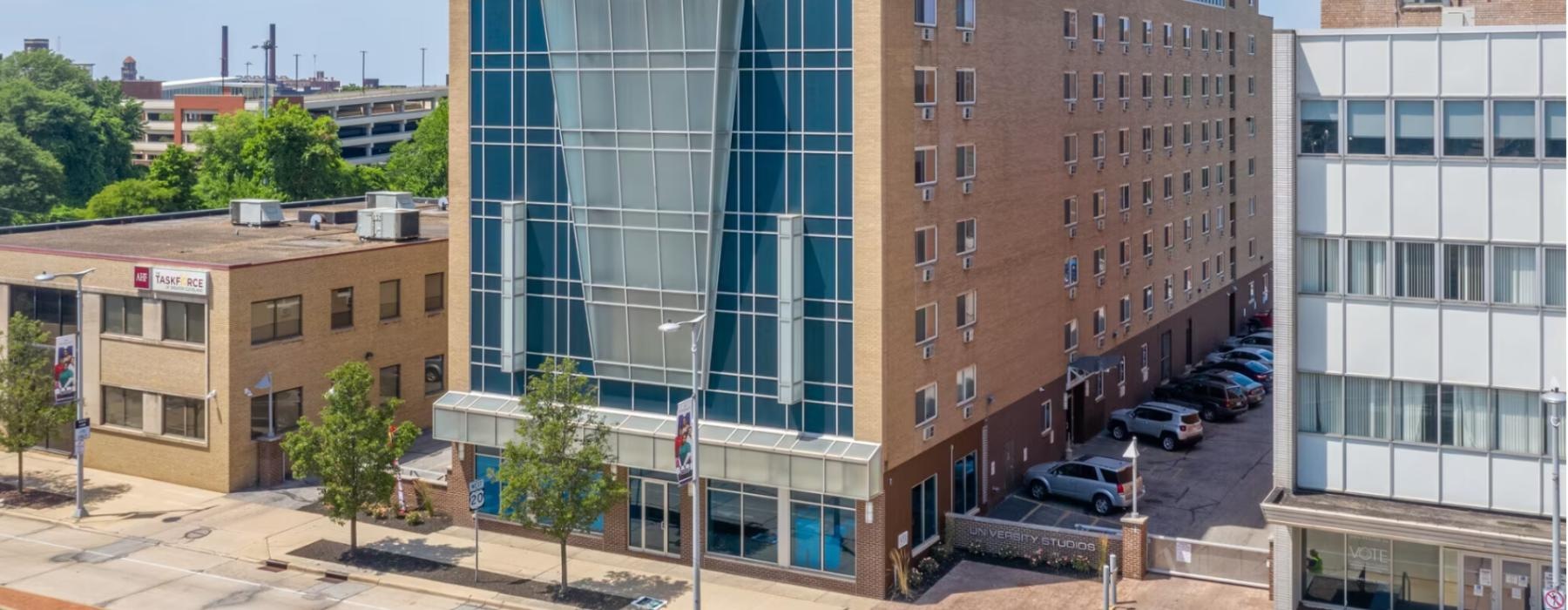 a building with a parking lot